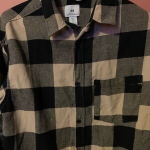 H&M Cream & Black Flannel Relaxed Fit Button Plaid Shirt MEDIUM